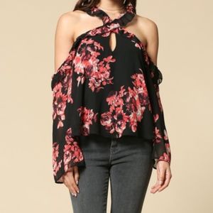 NWT Crossed Choker Cold Shoulder Ruffle blouse top